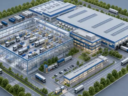 Isometrische 3D-Render-Illustration eines miniaturhaften LKW-Werksgeländes mit Fertigungshallen und Logistikflächen – modelliert das komplexe Produktionsnetzwerk der Daimler Truck Holding AG (ISIN DE000DTR0CK8) als führendem Nutzfahrzeughersteller - Foto: THN