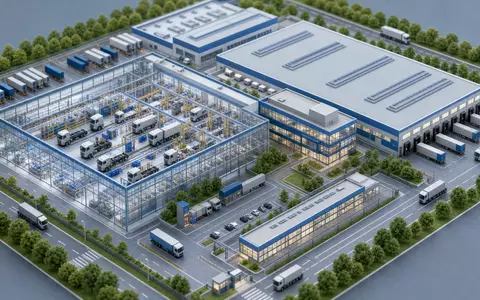 Isometrische 3D-Render-Illustration eines miniaturhaften LKW-Werksgeländes mit Fertigungshallen und Logistikflächen – modelliert das komplexe Produktionsnetzwerk der Daimler Truck Holding AG (ISIN DE000DTR0CK8) als führendem Nutzfahrzeughersteller - Foto: THN