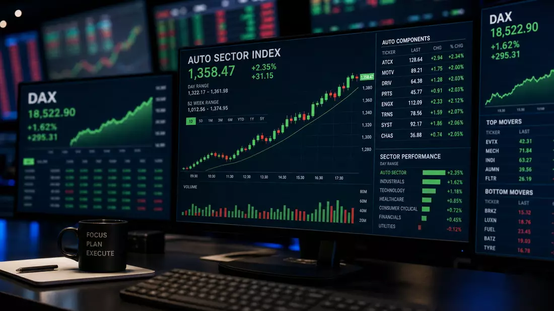 Mehrere Trading-Bildschirme mit grünen Kerzencharts, DAX-Kurs und Automotive-Sektor-Index im dunklen Büro