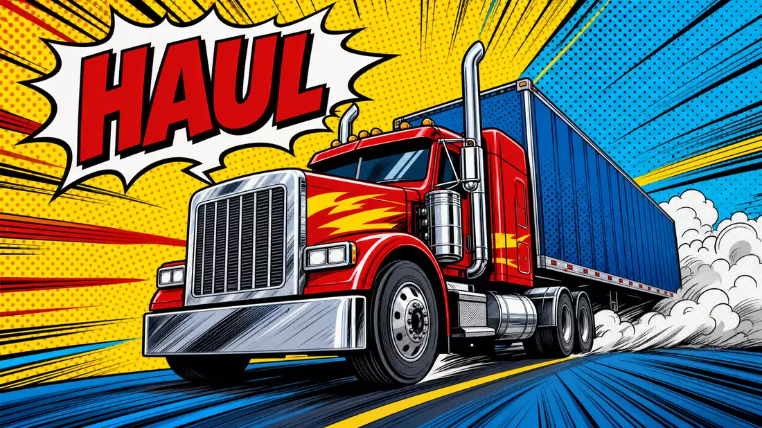 Pop-Art-Comicbild eines roten LKW mit Speedlines, Ben-Day-Punkte-Hintergrund und HAUL-Schriftzug