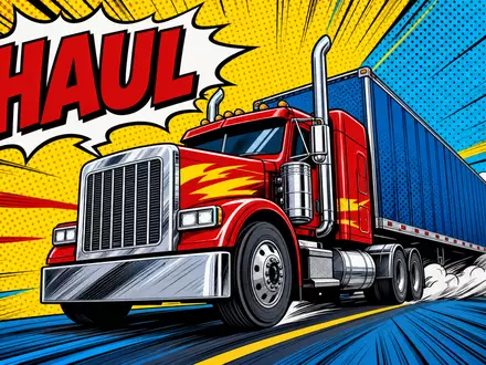 Lebhaftes Pop-Art-Comic-Bild mit stilisiertem LKW, Speedlines und dem Schriftzug HAUL – eine dynamische, energetische Darstellung des Kerngeschäfts der Daimler Truck Holding AG (ISIN DE000DTR0CK8) als global führender Nutzfahrzeughersteller - Foto: THN