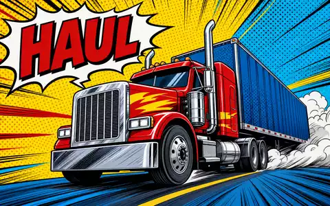 Lebhaftes Pop-Art-Comic-Bild mit stilisiertem LKW, Speedlines und dem Schriftzug HAUL – eine dynamische, energetische Darstellung des Kerngeschäfts der Daimler Truck Holding AG (ISIN DE000DTR0CK8) als global führender Nutzfahrzeughersteller - Foto: THN