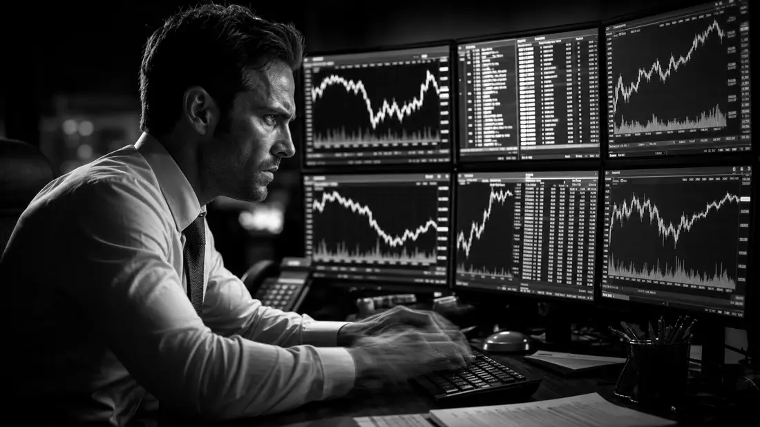 Investmentbanker in Schwarzweiß am Trading-Desk mit mehreren Monitoren