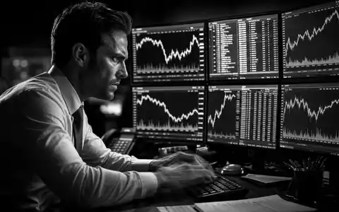 Schwarzweiß-Reportagefoto eines Investmentbankers am Multi-Screen-Trading-Desk für Deutsche Bank AG (ISIN DE0005140008). Sechs Monitore zeigen generische Kursdaten, dramatische Seitenlicht-Komposition. - Foto: THN
