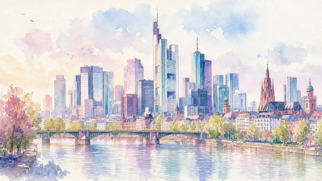 Frankfurter Skyline als Aquarell in Pastellfarben mit Main und Brücke