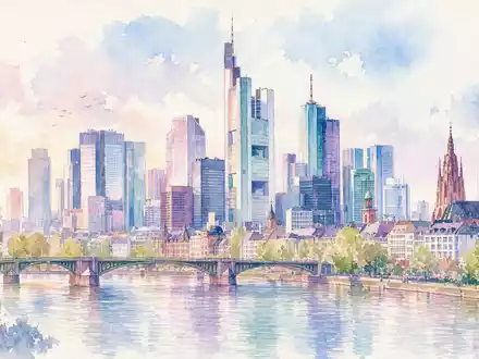 Aquarell-Illustration der Frankfurter Skyline in Pastelltönen für Deutsche Bank AG (ISIN DE0005140008). Weiche Pinselstriche in Rose, Mint und Lavendel zeigen Bürotürme und Eisenbrücke über den Main - Foto: THN
