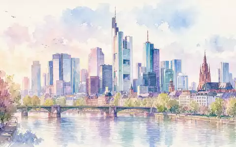 Aquarell-Illustration der Frankfurter Skyline in Pastelltönen für Deutsche Bank AG (ISIN DE0005140008). Weiche Pinselstriche in Rose, Mint und Lavendel zeigen Bürotürme und Eisenbrücke über den Main - Foto: THN