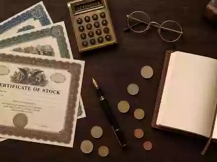 Flatlay-Fotografie generischer Aktienzertifikate, Füller, Brille und Taschenrechner auf Mahagoni-Holz für Deutsche Bank AG (ISIN DE0005140008). Euromünzen und Ledernotizblock ergänzen das Finanz-Stillleben - Foto: THN