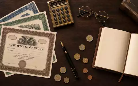 Flatlay-Fotografie generischer Aktienzertifikate, Füller, Brille und Taschenrechner auf Mahagoni-Holz für Deutsche Bank AG (ISIN DE0005140008). Euromünzen und Ledernotizblock ergänzen das Finanz-Stillleben. - Foto: THN