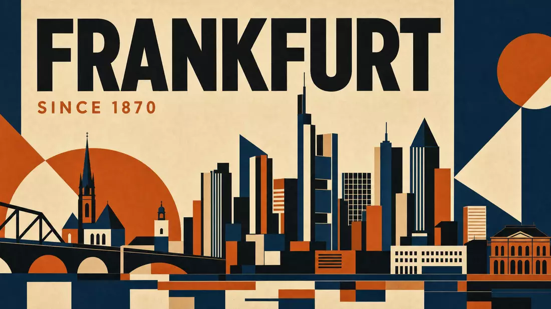 Bauhaus-Poster mit geometrischer Frankfurt-Skyline, Aufschriften FRANKFURT und SINCE 1870