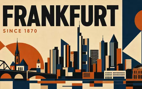 Vintage-Bauhaus-Poster im konstruktivistischen Stil mit geometrischer Frankfurter Skyline für Deutsche Bank AG (ISIN DE0005140008). Schriftzüge FRANKFURT und SINCE 1870 in marineblauen und ockerfarbenen Flächen - Foto: THN