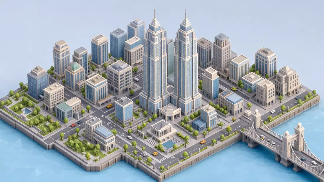 Isometrisches 3D-Miniaturmodell des Frankfurter Bankenviertels mit Zwillingstürmen und Brücke