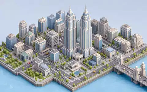 Isometrischer 3D-Render eines Miniatur-Bankenviertels mit Zwillingstürmen und Mainbrücke für Deutsche Bank AG (ISIN DE0005140008). Pastellfarbene Low-Poly-Gebäude in spielzeugartiger Diorama-Ästhetik - Foto: THN