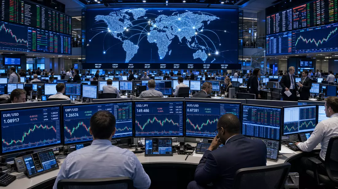 Globaler Trading-Floor mit Weltkarte, Börsenhändlern und Wechselkurs-Displays