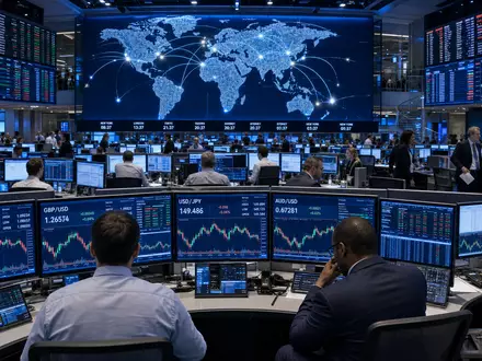 Finanz-Editorial eines globalen Trading-Floors mit beleuchteter Weltkarte und Wechselkurs-Displays für Deutsche Bank AG (ISIN DE0005140008). Händler an Workstations mit EUR/USD-, GBP/USD- und USD/JPY-Kursen - Foto: THN