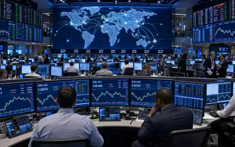 Finanz-Editorial eines globalen Trading-Floors mit beleuchteter Weltkarte und Wechselkurs-Displays für Deutsche Bank AG (ISIN DE0005140008). Händler an Workstations mit EUR/USD-, GBP/USD- und USD/JPY-Kursen. - Foto: THN