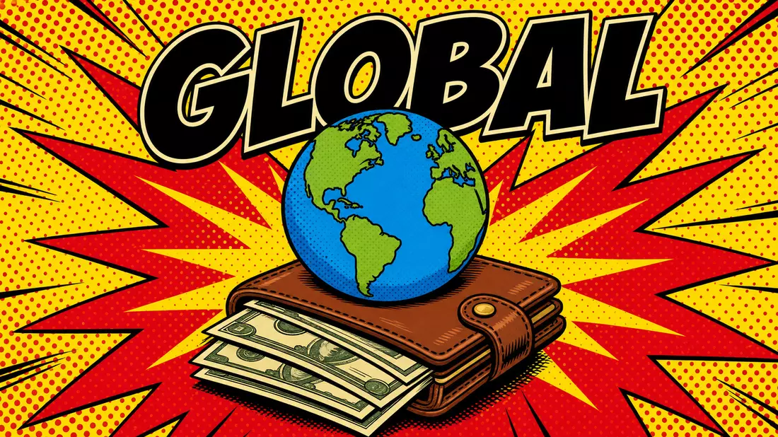 Pop-Art-Comic mit Geldbörse voller Geldscheine, Globus und Aufschrift GLOBAL