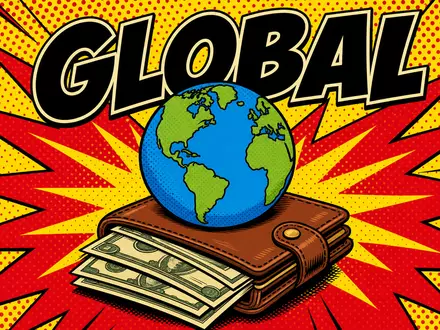 Pop-Art-Comic-Illustration mit stilisierter Geldbörse und Globus für Deutsche Bank AG (ISIN DE0005140008). Schriftzug GLOBAL in fetten schwarzen Lettern, Ben-Day-Punkte auf Primärfarben-Hintergrund im 1960er-Stil - Foto: THN