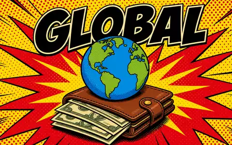 Pop-Art-Comic-Illustration mit stilisierter Geldbörse und Globus für Deutsche Bank AG (ISIN DE0005140008). Schriftzug GLOBAL in fetten schwarzen Lettern, Ben-Day-Punkte auf Primärfarben-Hintergrund im 1960er-Stil - Foto: THN