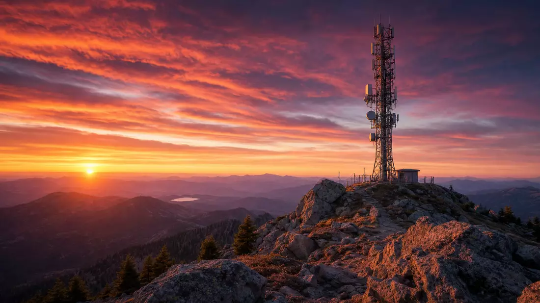Unmarkierter 5G-Funkmast auf Berggipfel vor orangefarbenem Sonnenuntergangshimmel