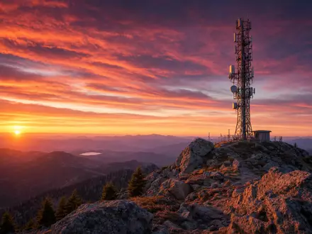 Fotorealistisches Panoramabild eines markenlosen 5G-Funkmastes auf einem felsigen Berggipfel bei dramatischem Sonnenuntergang – ein Kernsymbol der Netzinfrastruktur der Deutsche Telekom AG (ISIN DE0005557508) - Foto: THN
