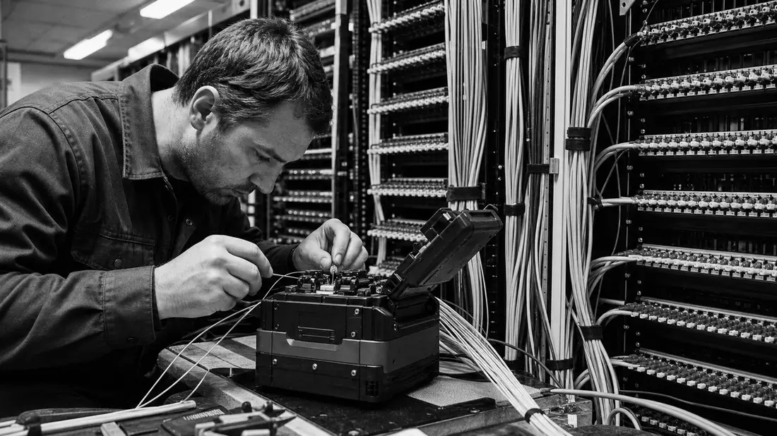 Techniker spleißt Glasfaserkabel an Fusion-Spleißgerät in Schaltzentrale, schwarz-weiß