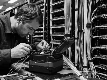 Schwarzweiß-Reportagefoto eines Technikers bei der Arbeit an einer Glasfaserspleißmaschine in einer Netzwerkschaltzentrale – dokumentiert die Tiefbauinfrastruktur der Deutsche Telekom AG (ISIN DE0005557508) - Foto: THN