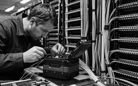 Schwarzweiß-Reportagefoto eines Technikers bei der Arbeit an einer Glasfaserspleißmaschine in einer Netzwerkschaltzentrale – dokumentiert die Tiefbauinfrastruktur der Deutsche Telekom AG (ISIN DE0005557508) - Foto: THN