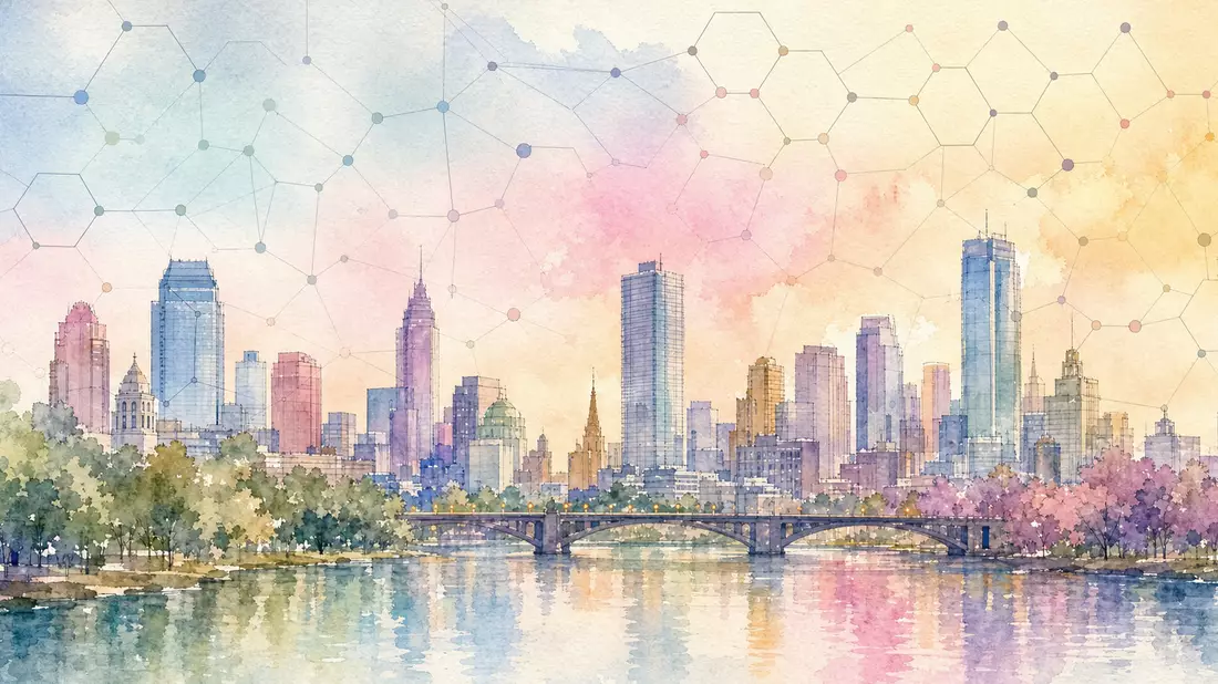 Aquarell-Stadtpanorama mit transparentem Hexagon-Netzwerk-Overlay in Pastelltönen