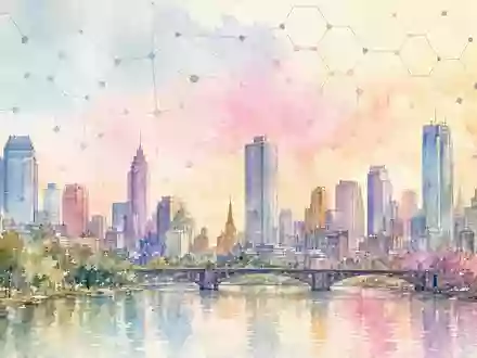 Aquarellillustration eines stilisierten Netz-Mesh-Gitters über einer impressionistischen Stadtsilhouette in Pastellfarben – illustriert die flächendeckende Netzabdeckung der Deutsche Telekom AG (ISIN DE0005557508) - Foto: THN