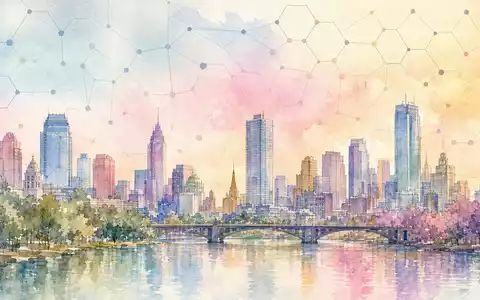 Aquarellillustration eines stilisierten Netz-Mesh-Gitters über einer impressionistischen Stadtsilhouette in Pastellfarben – illustriert die flächendeckende Netzabdeckung der Deutsche Telekom AG (ISIN DE0005557508) - Foto: THN