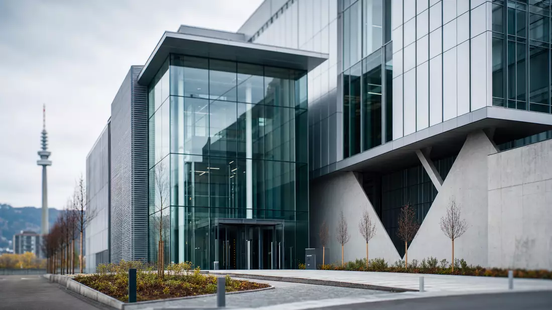 Modernes Glas-Stahl-Rechenzentrum oder Telekomturm im europäischen Architekturstil