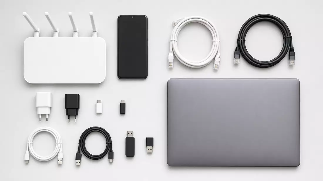 Flatlay-Draufsicht auf unmarkiertes Smartphone, Router, Ethernet-Kabel und Laptop auf weißem Untergr