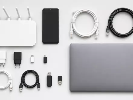 Draufsicht-Flatlay markelloser Telekommunikationsgeräte – Smartphone, Router, Kabel und Notebook – symbolisiert das Produktportfolio der Deutsche Telekom AG (ISIN DE0005557508) im Privatkunden- und Geschäftskundenbereich - Foto: THN