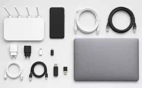 Draufsicht-Flatlay markelloser Telekommunikationsgeräte – Smartphone, Router, Kabel und Notebook – symbolisiert das Produktportfolio der Deutsche Telekom AG (ISIN DE0005557508) im Privatkunden- und Geschäftskundenbereich - Foto: THN