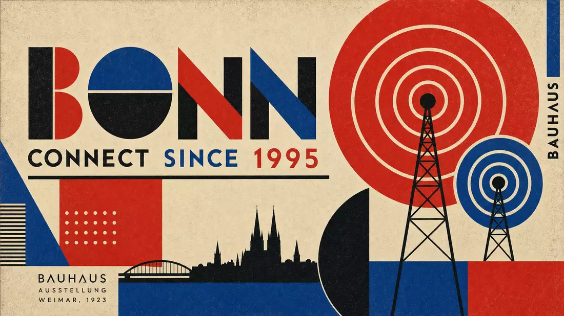Bauhaus-Poster mit stilisierten Antennen, Signalwellen und Typografie BONN CONNECT SINCE 1995