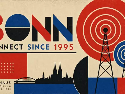 Vintage-Bauhaus-Designposter mit geometrischem Antennenmotiv, Aufschriften 'BONN' und 'CONNECT SINCE 1995' – eine konstruktivistische Hommage an die Gründungsgeschichte der Deutsche Telekom AG (ISIN DE0005557508) - Foto: THN
