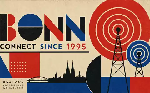Vintage-Bauhaus-Designposter mit geometrischem Antennenmotiv, Aufschriften 'BONN' und 'CONNECT SINCE 1995' – eine konstruktivistische Hommage an die Gründungsgeschichte der Deutsche Telekom AG (ISIN DE0005557508) - Foto: THN