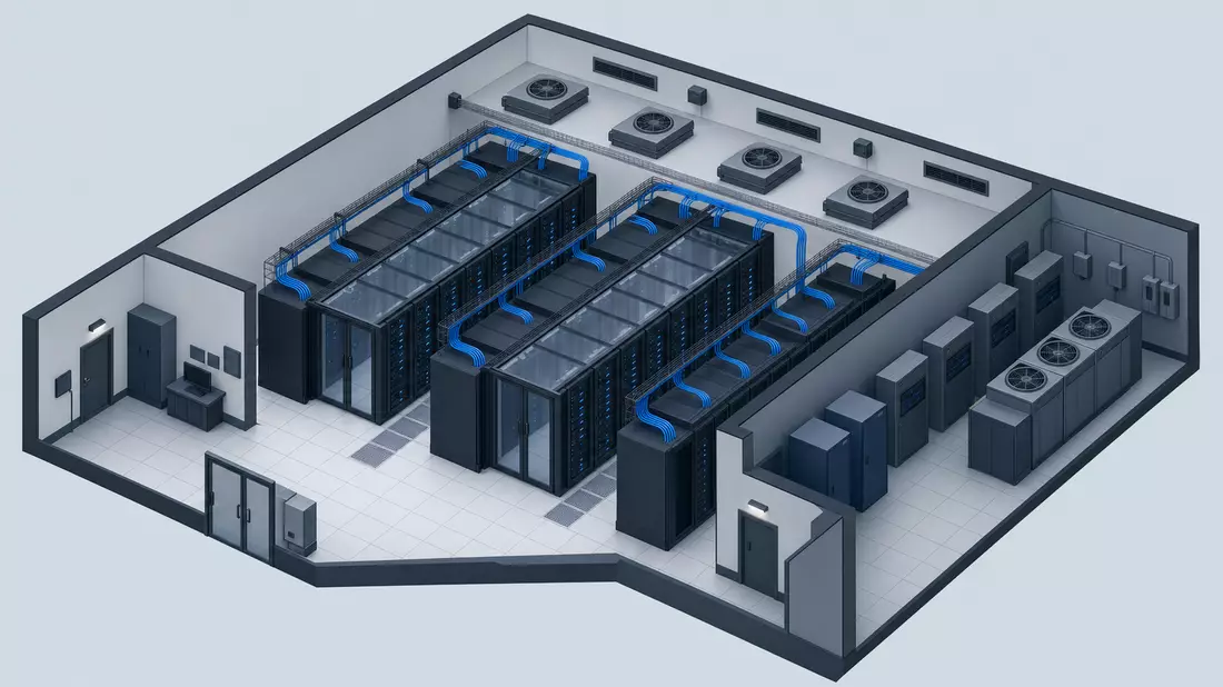 Isometrische 3D-Ansicht eines Rechenzentrums mit Serverreihen und blauen Datenkabeln