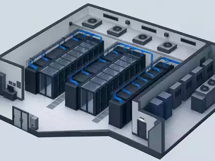 Isometrische 3D-Illustration eines Miniatur-Rechenzentrums mit Serverracks und Verkabelung – repräsentiert die Cloud- und Rechenzentrumskapazitäten der Deutsche Telekom AG (ISIN DE0005557508) - Foto: THN