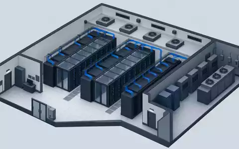 Isometrische 3D-Illustration eines Miniatur-Rechenzentrums mit Serverracks und Verkabelung – repräsentiert die Cloud- und Rechenzentrumskapazitäten der Deutsche Telekom AG (ISIN DE0005557508) - Foto: THN