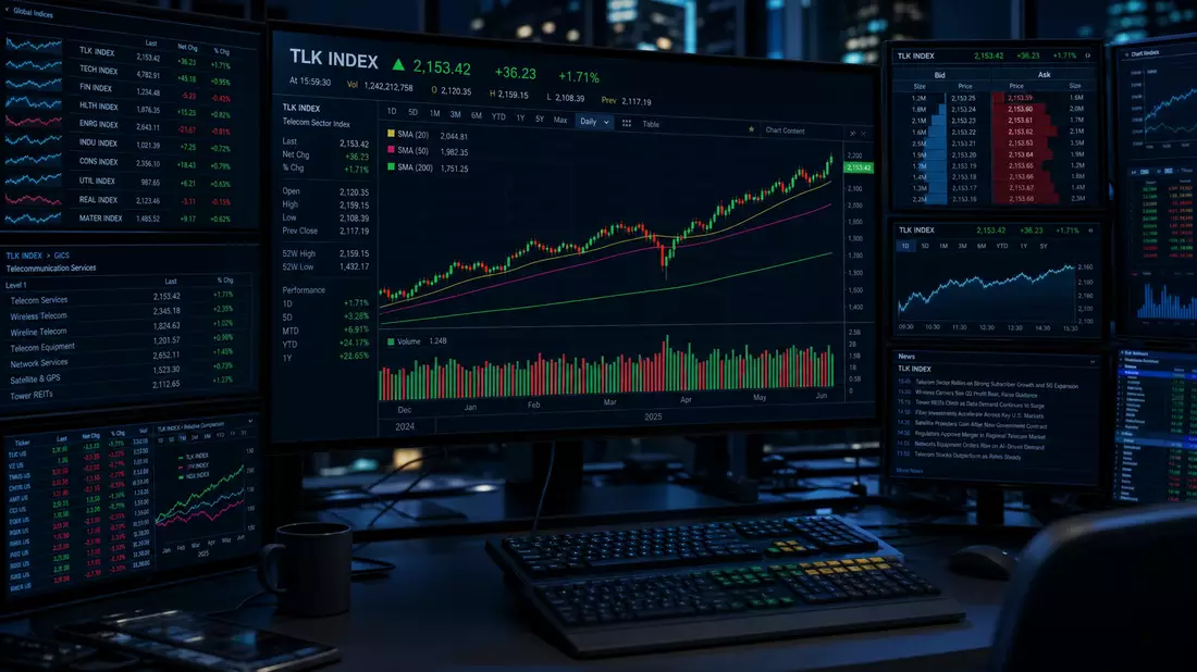 Mehrere Handelsbildschirme zeigen TLK-Index Candlestick-Charts und Telekommunikationsmarktdaten