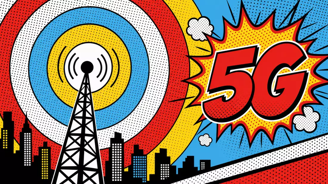 Pop-Art-Comic mit Antennensymbol, konzentrischen Signalwellen und fettem 5G-Text in Primärfarben