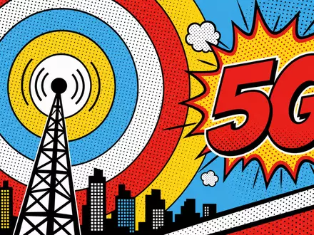 Pop-Art-Comic-Illustration mit stilisierten Funkwellen und fettem '5G'-Schriftzug im Lichtenstein-Stil – symbolisiert den 5G-Netzausbau und die Mobilfunkstrategie der Deutsche Telekom AG (ISIN DE0005557508) - Foto: THN
