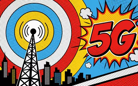 Pop-Art-Comic-Illustration mit stilisierten Funkwellen und fettem '5G'-Schriftzug im Lichtenstein-Stil – symbolisiert den 5G-Netzausbau und die Mobilfunkstrategie der Deutsche Telekom AG (ISIN DE0005557508) - Foto: THN