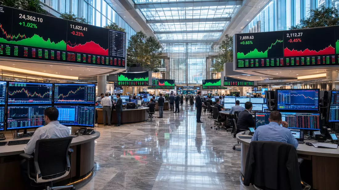 Fotorealistisches Trading-Parkett mit Kursanzeigetafeln und Händlern