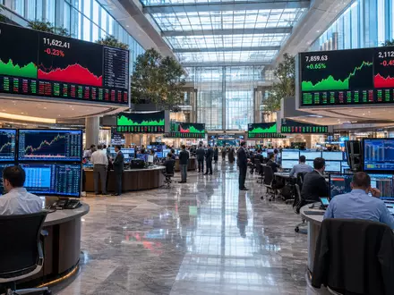Modernes Trading-Parkett der Deutsche Börse AG (ISIN DE0005810055): Eine weitläufige Börsenhalle mit Händlerarbeitsplätzen, großen Kuranzeigetafeln und Glasdecke in warmer Beleuchtung - Foto: THN