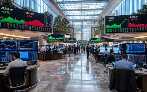 Modernes Trading-Parkett der Deutsche Börse AG (ISIN DE0005810055): Eine weitläufige Börsenhalle mit Händlerarbeitsplätzen, großen Kuranzeigetafeln und Glasdecke in warmer Beleuchtung - Foto: THN
