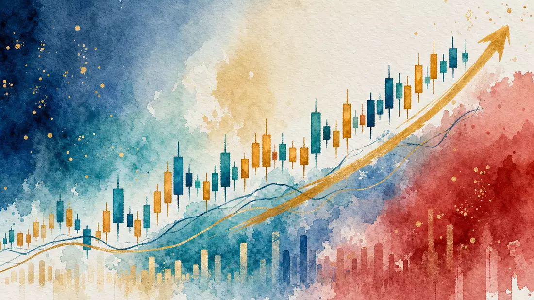 Aquarell-Illustration stilisierter Kerzencharts und Trendlinien in Blau und Gold