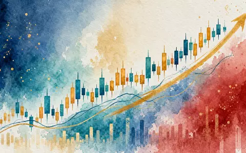 Aquarell-Illustration für die Deutsche Börse AG (ISIN DE0005810055): Stilisierte Kerzencharts und Trendlinien in weichen Blau-, Gold- und Rottönen auf strukturiertem Papier, malerische Pinselstrichtechnik - Foto: THN